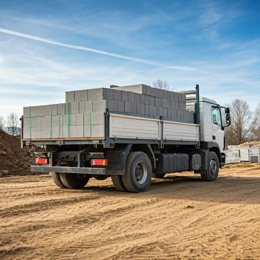 Flatbed truck loaded with cinder blocks parked at a construction site.