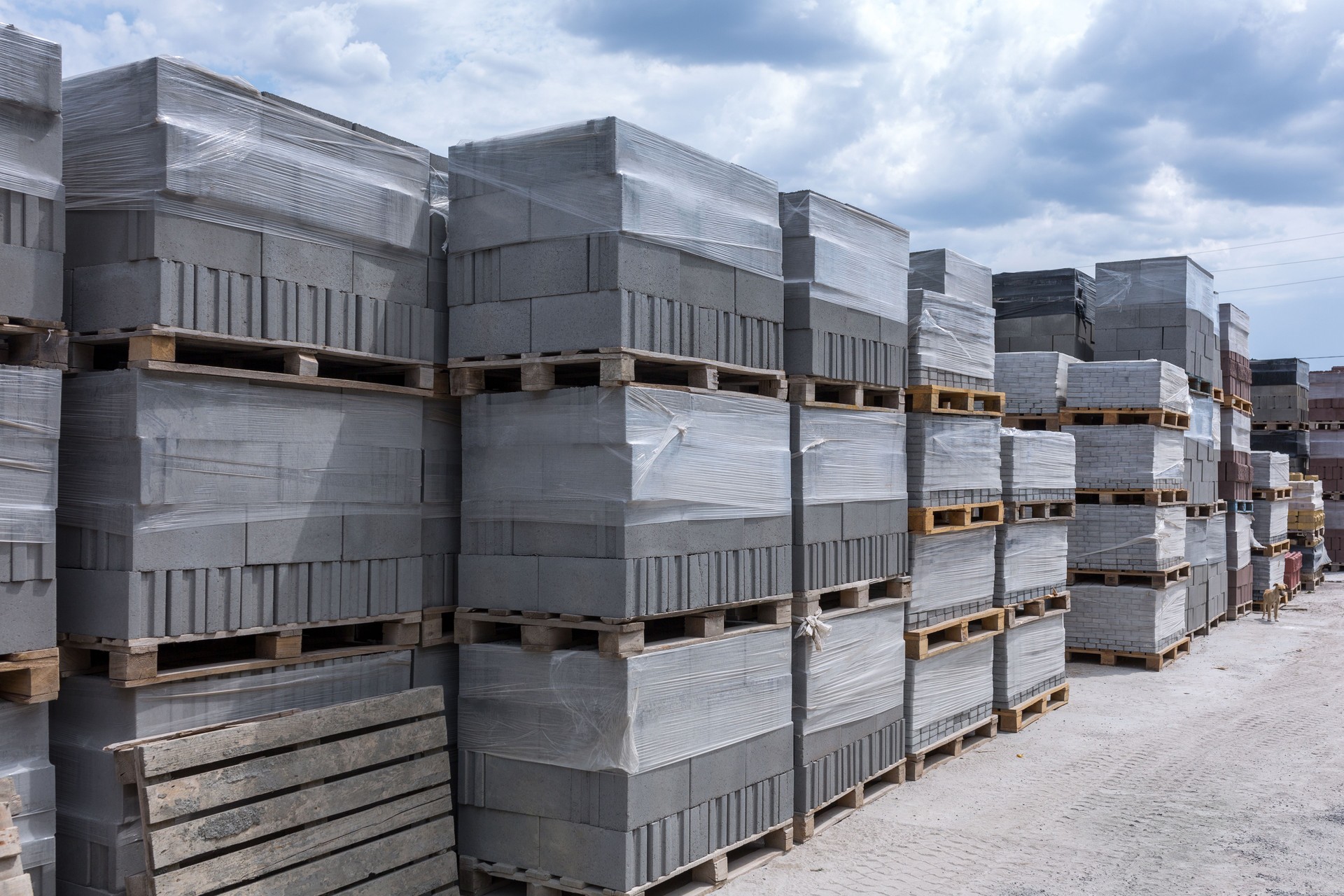 Produção industrial de materiais prensados de cimento. Bloco de concreto oco de alta qualidade ou tijolo de cimento e pedras de pavimentação. Produtos acabados em paletes embalados em filme estão esperando para serem enviados.